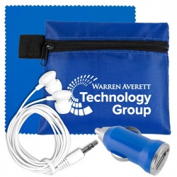 Tech Accessory and Earbud Set with Microfiber Cloth and Car Charger