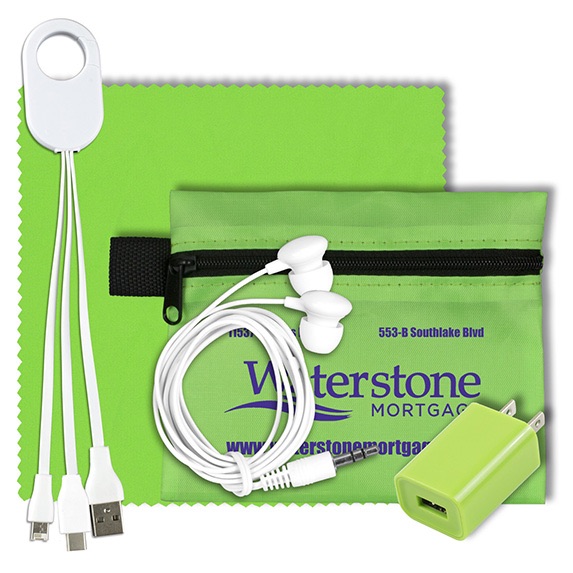 Mobile Tech Charging Kit with Earbuds In Zipper Pouch - Technology