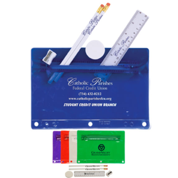 Imprinted Translucent Deluxe School Kit - Pens Pencils Markers